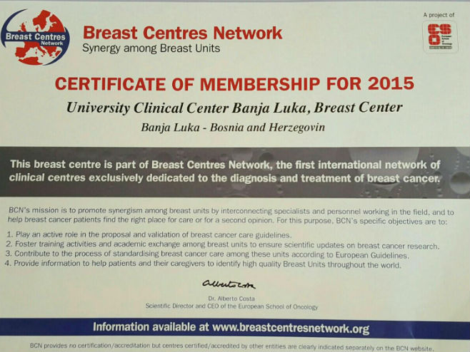 Centru za dojku UKC dodijeljen sertifikat - Foto: SRNA
