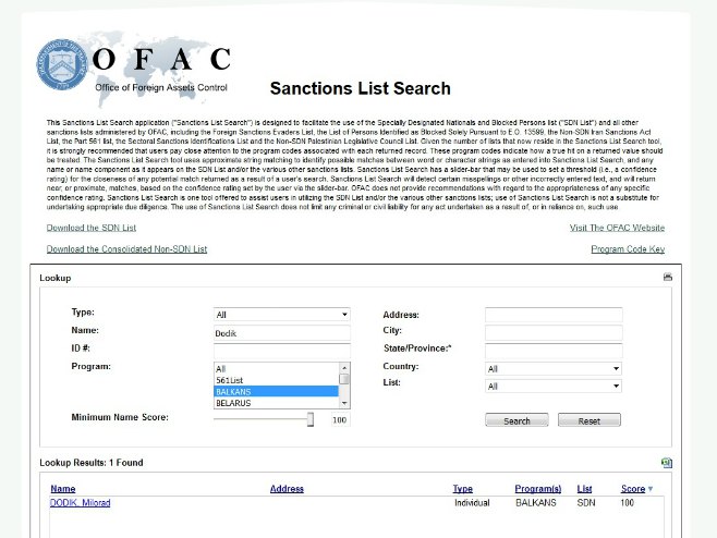 SAD uvele sankcije Dodiku (Foto: sanctionssearch.ofac.treas.gov) - 